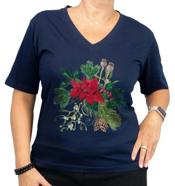 koszulka v-neck z motywem roślinnym — zimowy bukiet